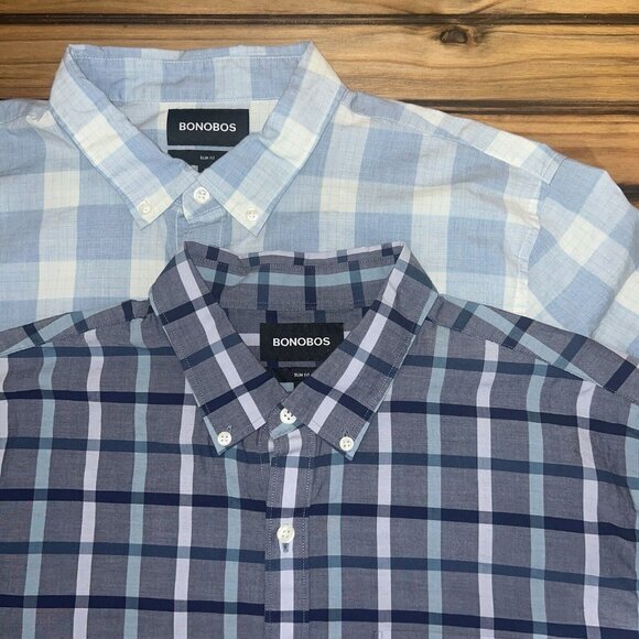 Bonobos Shirt Mens Size XL Slim Fit Blue Checkered Long Sleeve Button LOT OF TWO - Picture 1 of 10